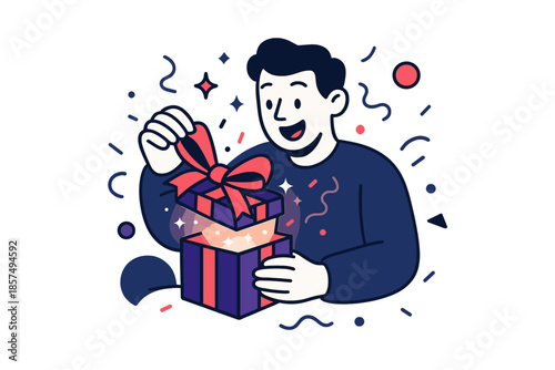 Festive Gift Unwrapping. Holiday gift excitement. Person opening brightly wrapped present, subtle floating