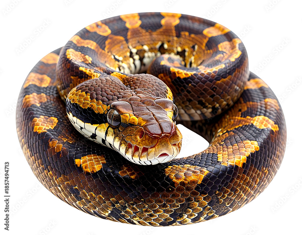 Fototapeta premium Close-up of a coiled African Rock Python with intricate scale patterns.