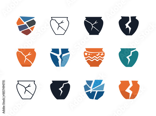 Ceramic Logo Variations. Shard. Icon set. Set Logo of shard: ceramic pottery shard. harmonious logo variations of the same emblematic concept, each with
