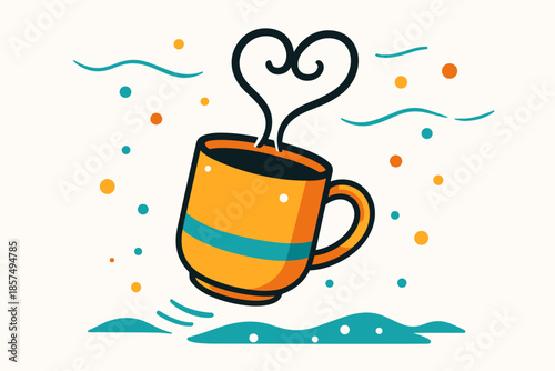 Winter Coffee Delight. Coffee cup in winter breeze. The cup is lifted slightly as wind lines sweep past; snow