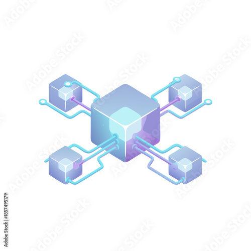 Blockchain Node Isometric Icon. Decentralized Network and Fintech Data Vector.