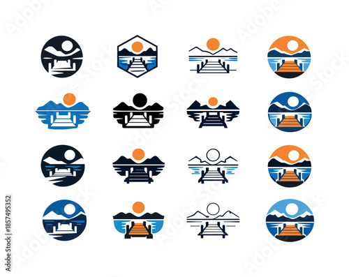 Lakeside Icon Variations. Lakeside. Icon set. Set Logo of Lakeside: wooden dock silhouette. harmonious logo variations of the same emblematic concept, each