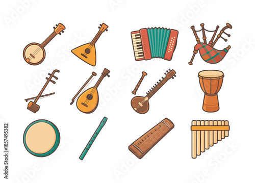 World Folk Instruments. World folk instruments. Colorful flat vector icons set of world folk instruments: banjo, balalaika, accordion, bagpipes, erhu, oud,