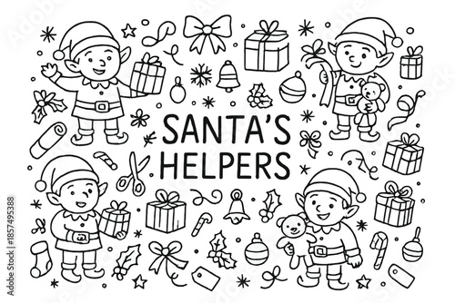Santa?s Workshop Doodles. Santa?s helpers. Hand-drawn doodle illustration of Santa?s helpers. Elves, gifts,