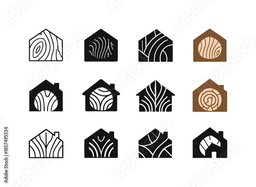 Woodworking Logo Variations. Woodworking and building furniture. Icon set. Set Logo of woodworking and building furniture: wood grain pattern. harmonious logo