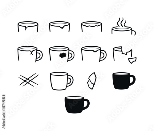 Chipped Mug Icon Set. Chipped coffee mug. Line icon set of chipped coffee mug: rim crack detail, missing ceramic sliver, uneven cup edge, scratch lines, steam