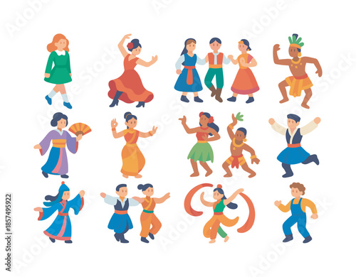 Diverse Dance Icons. Traditional dances. Colorful flat vector icons set of traditional dances: Irish step dance, flamenco pose, Balkan circle dance, Indian