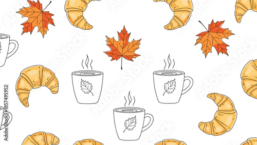 Cozy autumn seamless pattern features hand-drawn croissants, steaming coffee mugs with leaf details, and fallen orange maple leaves on a white background.