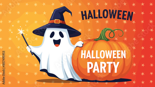 Festive Halloween party banner showcases a cute cartoon ghost wearing a purple witch hat and holding a magic wand next to a large orange pumpkin.