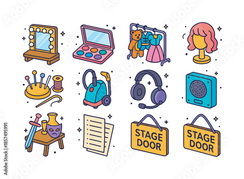 Opera Backstage Icons. Backstage at opera. Colorful isometric vector icons set of Backstage at opera: dressing room mirror with bulbs, makeup palette, costume