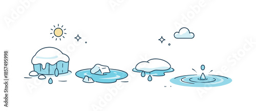 Melting Into Spring. Seasonal thaw illustration. Snow and ice elements gradually melting, blending into simple water shapes and droplets, expressing calm