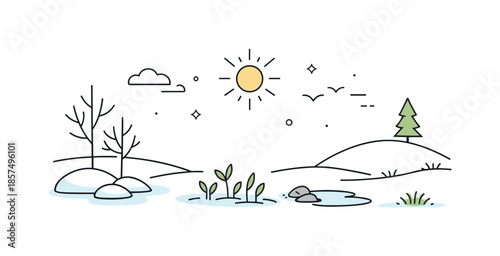 Spring's Gentle Awakening. Spring emerging illustration. A simple landscape where snow has melted and the first green shoots appear. The mood is peaceful,