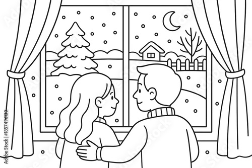 Winter Window Scene. Peaceful winter evening children?s coloring book illustration, outlined drawing, couple
