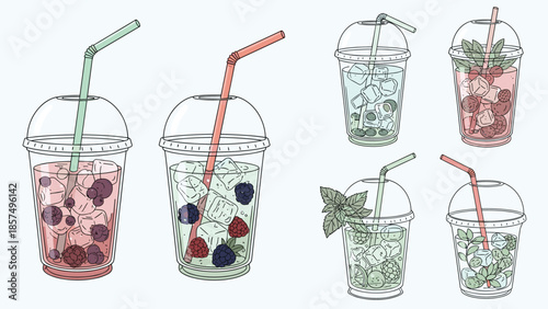 Selection of refreshing fruit smoothies or iced drinks in takeaway plastic cups with dome lids and colorful straws, filled with berries and mint.