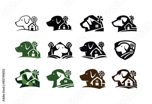 Farm Dog Logos. farm dog. Icon set. Set Logo of farm dog: loyal dog profile. harmonious logo variations of the same emblematic concept, each with different