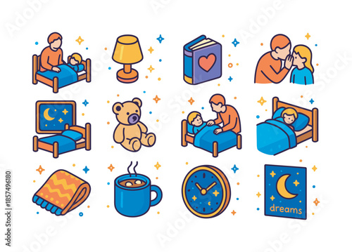 Bedtime Lessons Icons. Bedtime life lessons. Colorful isometric vector icons set of bedtime life lessons: parent sitting by child?s bed, nightstand lamp