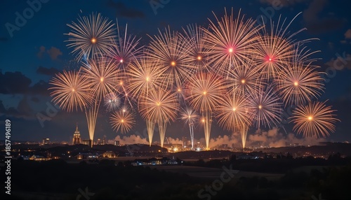 Colorful fireworks illuminate the night sky over a wide rural landscape, creating a festive celebration atmosphere with glowing sparks, smoke trails, and distant city lights