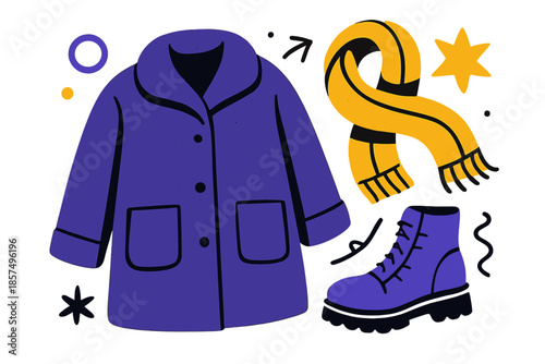 Winter Fashion Essentials. Winter essentials flat lay. Coat, scarf, and boots arranged neatly on soft