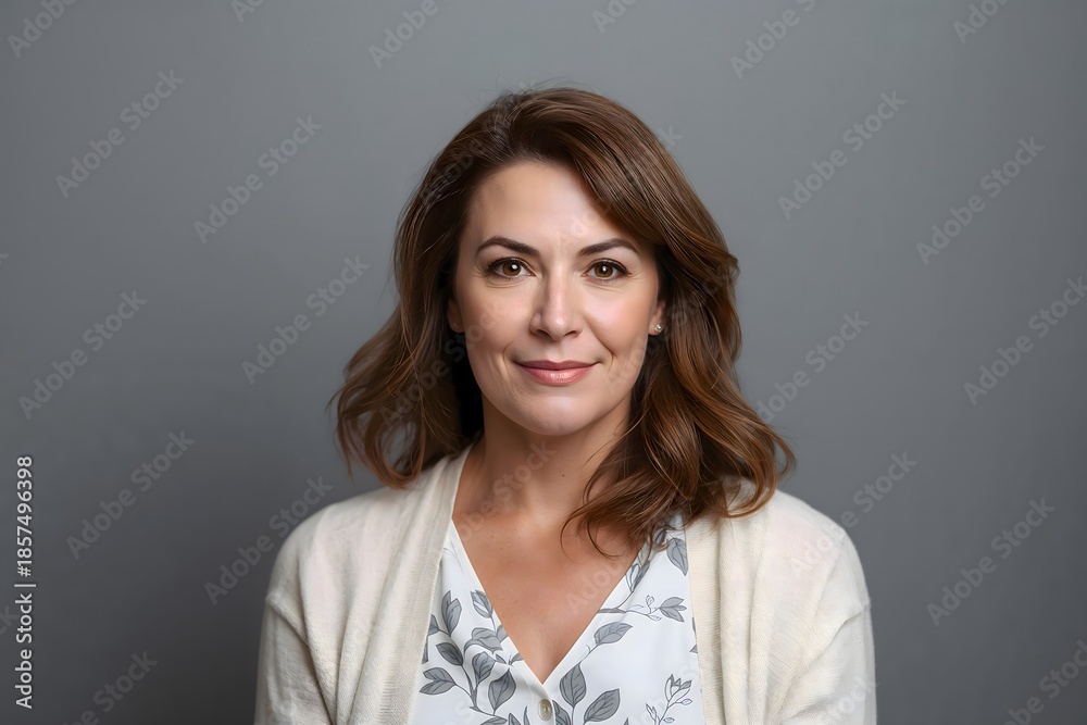 Obraz premium Studio portrait of a confident middle-aged woman with a friendly smile against a neutral gray background
