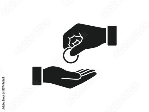 A hand giving a coin to another open hand, symbolizing charity or payment.