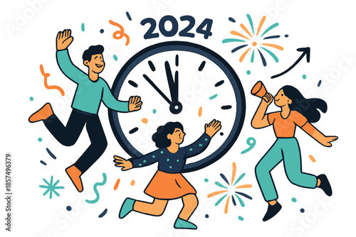 New Year's Countdown. New Year's countdown clock. Clock hands nearing midnight, small confetti and fireworks