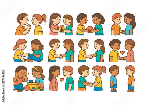 Good Manners Icons. Good manners for kids. Colorful flat vector icons set of good manners for kids: saying please, saying thank you, sharing toys, waiting