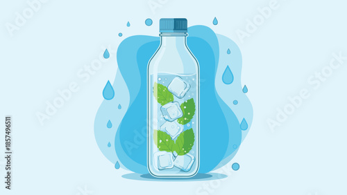 Refreshing water bottle illustration features a clear bottle filled with ice cubes and fresh green mint leaves against a bubbly blue background.