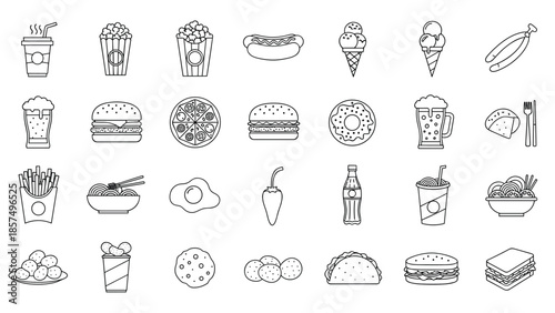 Comprehensive set of thin line icons represents various food and beverage items including drinks, snacks, meals, and desserts in a clean style.