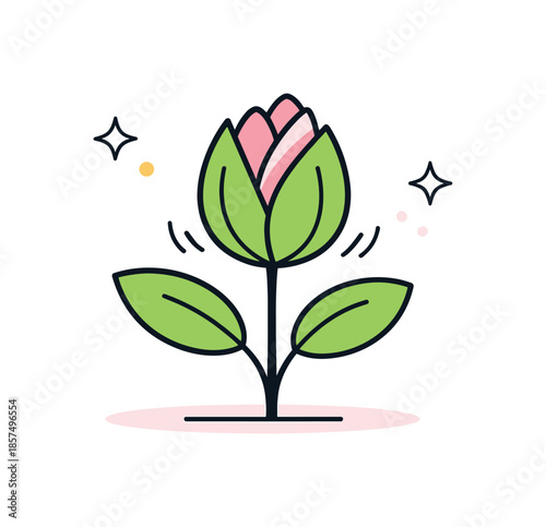 Floral Awakening. Floral awakening moment. A budding plant opening slowly, with delicate petals just beginning to show. Gentle movement, soft optimism, and