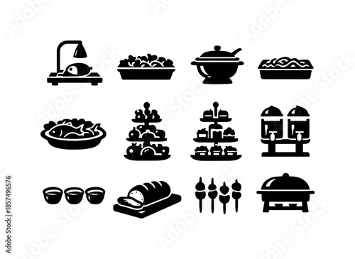 Celebration Buffet Icons. Celebration buffet. Solid icon set of celebration buffet: carving station, salad tray, soup tureen, pasta tray, seafood platter,