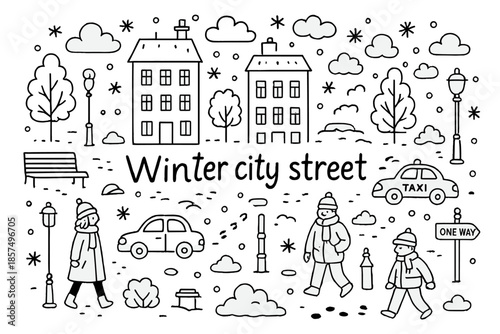 Winter City Doodle. Winter city street. Hand-drawn doodle illustration of Winter city street. Buildings, cars,
