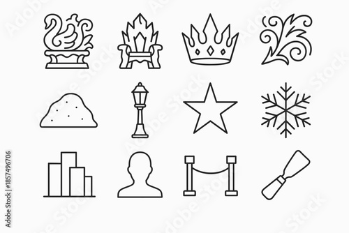 Frozen Icons Collection. Frozen masterpieces. Line outline icon set of Frozen masterpieces: ornate ice