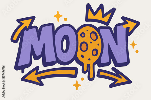 Cosmic Graffiti Art. Moon Tag ? Graffiti Simplified: chunky tilted bubble letters, flat fills, thick outline