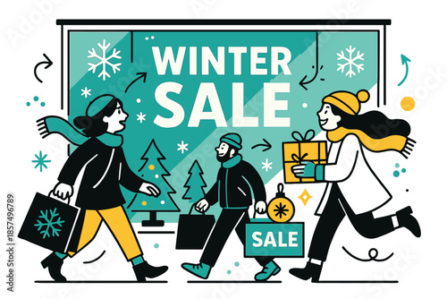 Festive Winter Sale Display. ?Winter Sale? shop window display. Bold ?Winter Sale? lettering on window,