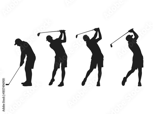 Golfer in silhouette demonstrates the stages of a golf swing on a white background.