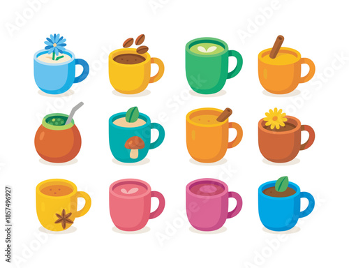 Colorful Coffee Alternatives. Coffee alternatives. Colorful flat vector icons set of coffee alternatives: chicory latte, roasted barley drink, matcha latte,