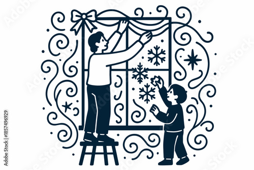 Festive Window Decorations. Decorating window frames. A parent stands on a stool placing ribbon while a child