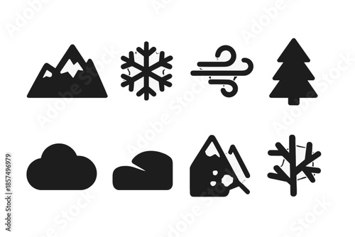 Winter Mountain Icons. Winter Mountains. Filled icon set of Winter Mountains: mountain, snowflake, wind swirl,