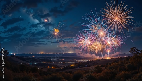 Colorful fireworks illuminate the night sky over a wide rural landscape, creating a festive celebration atmosphere with glowing sparks, smoke trails, and distant city lights
