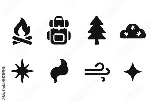 Snowy Campfire Icon Set. Snowy adventure campfire. Filled icon set of Snowy adventure campfire: fire pit,
