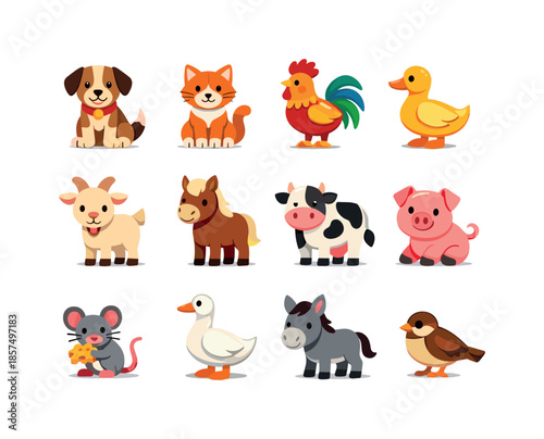 Barnyard Animal Icons. Barnyard Companions. Colorful flat vector icons set of Barnyard Companions: barn dog, barn cat, rooster buddy, duck friend, goat pal,