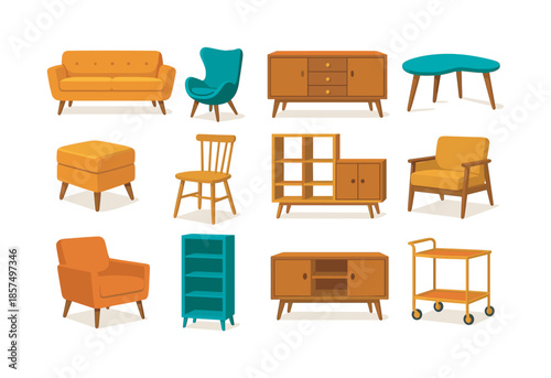 Mid-Century Icon Set. Mid-century furniture. Colorful flat vector icons set of mid-century furniture: tapered-leg sofa, lounge chair, walnut sideboard,