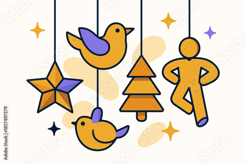 Whimsical Wooden Ornaments. Wooden ornaments display. Hand-carved shapes hang from thin strings, gently