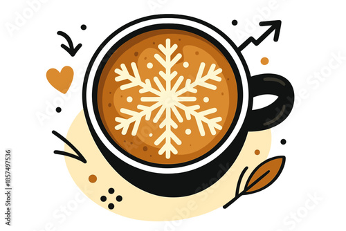 Snowflake Latte Bliss. Latte cup with snowflake latte art. Hot coffee with foamy surface, intricate snowflake
