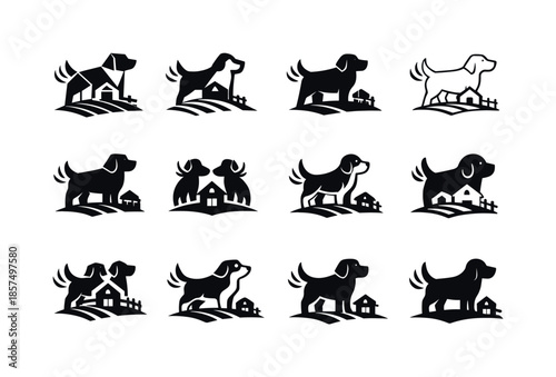 Farm Dog Logos. farm dog. Icon set. Set Logo of farm dog: dog tail wag symbol. harmonious logo variations of the same emblematic concept, each with different