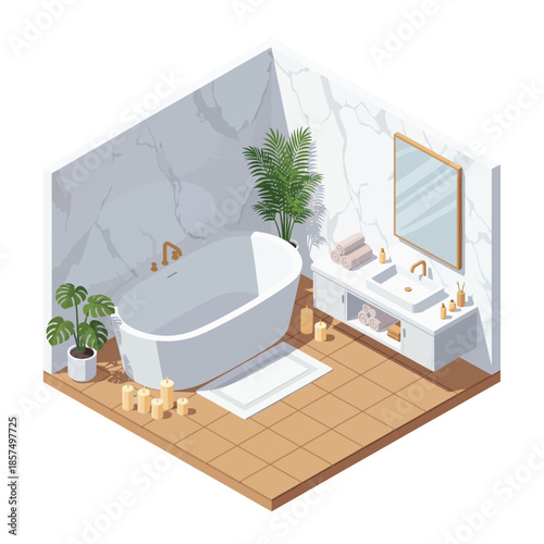 Isometric view of a luxurious modern bathroom with a freestanding tub, double vanity, marble walls, and potted plants.