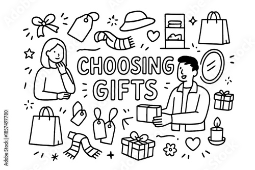 Gift Shopping Doodle. Choosing Gifts. Hand-drawn doodle illustration of Choosing Gifts. Couple, boutique,