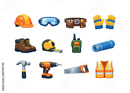 Colorful Construction Icons. Construction workers. Colorful flat vector icons set of construction workers: hard hat, safety goggles, tool belt, gloves, work