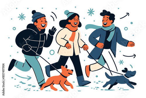 Snowy Park Stroll. Friends walking dogs in snowy park. Snowflakes swirling around, footprints and paw prints