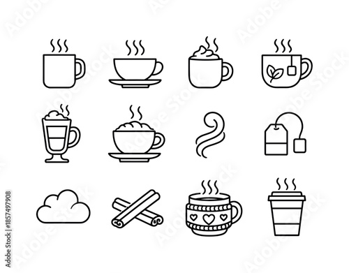 Warm Beverage Icons. Warm beverage icons. Line icon set of Warm beverage icons: coffee mug, tea cup, hot chocolate cup, herbal tea mug, latte glass, cappuccino